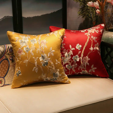 Chinese Style Rose Pattern Silk Cushion Cover Chinese Style Coffee Lack Blue Pillowcases Luxury Birds Flowers Pillow Cover