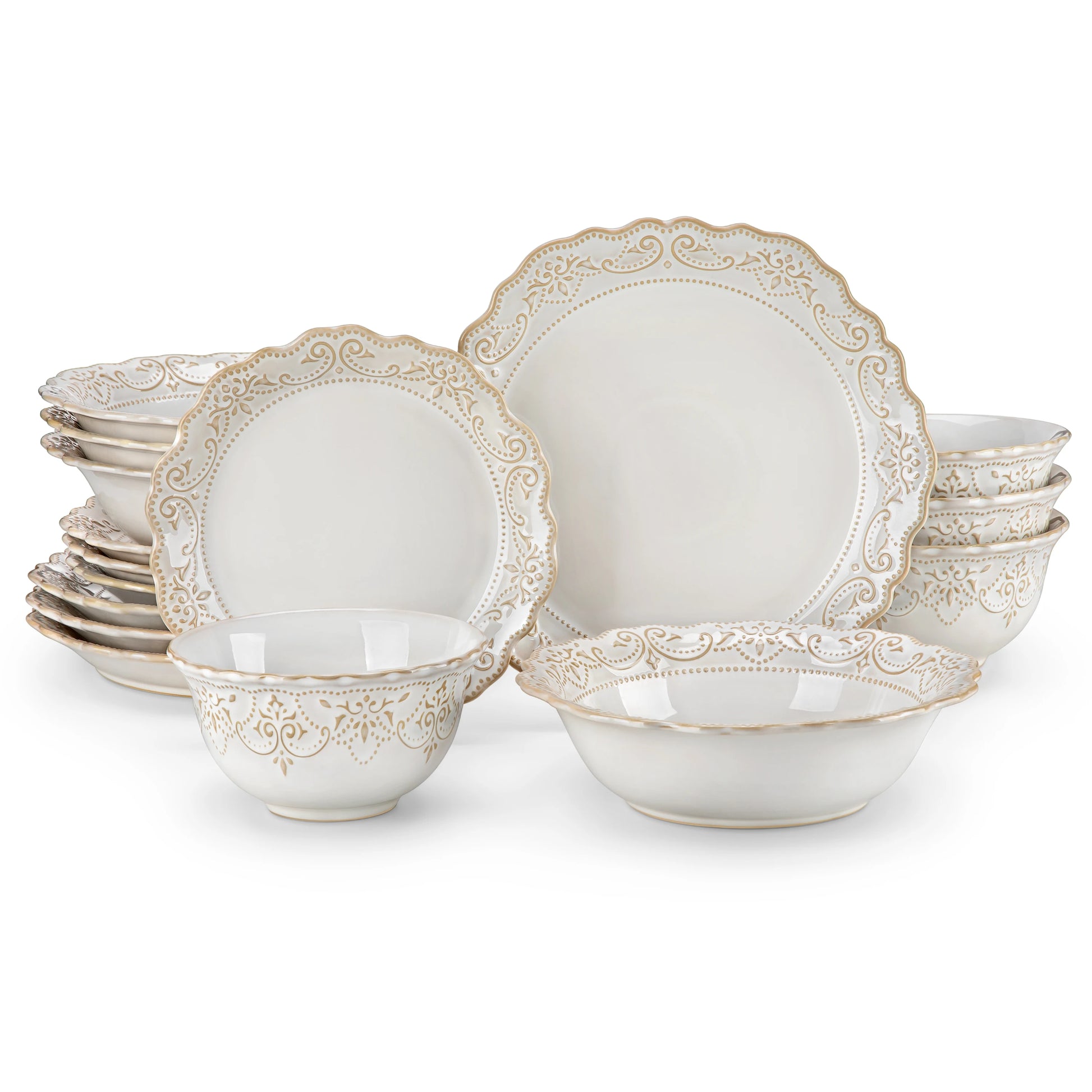 MALACASA 16/32 Piece Plates Dinner Sets Relief White Stoneware Dinnerware Set with 4 PCS Dinner Plate/Dessert/Cereal Bowl/Soup