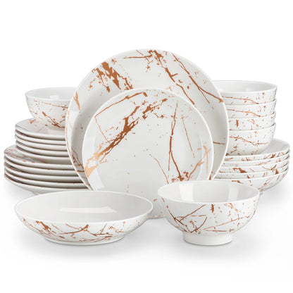LOVECASA 24 Piece Gold Splash Glaze Dinnerware Sets Porcelain Plates Dinner Set with 6 PCS Dinner Plate/Dessert/Soup Plate/Bowl