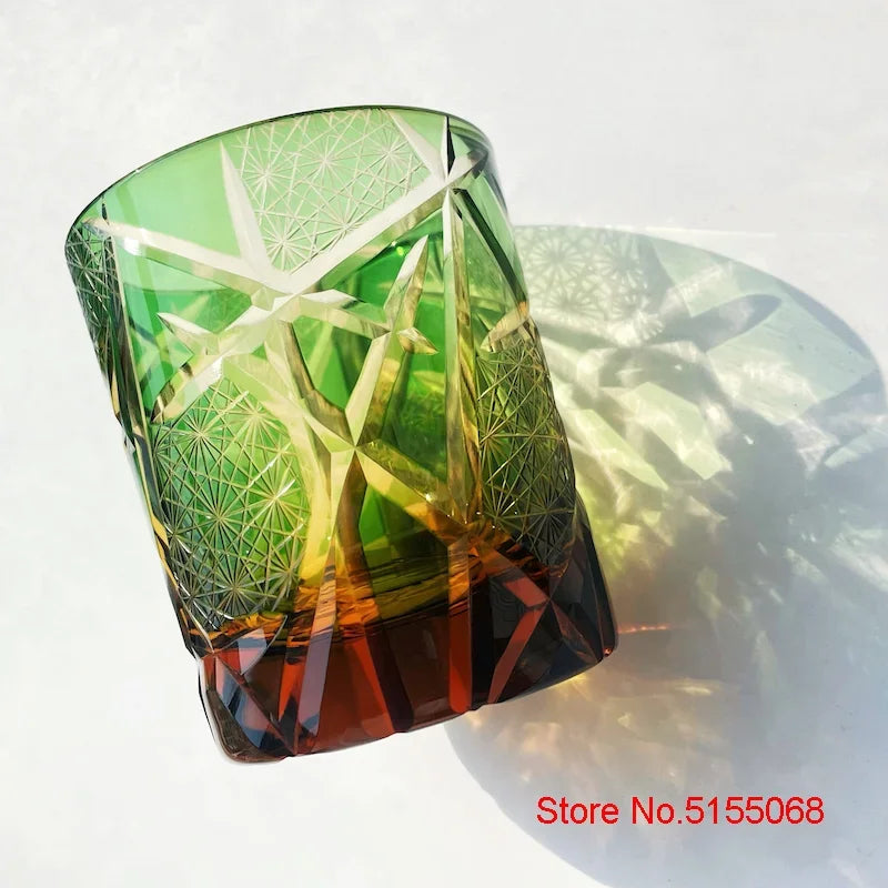 Japanese Royal Special Retro Wine Tumbler, Hand Cut, Flashing Lightning Design, Amber Whiskey Glass, High End Gift Box, Edo Kiri