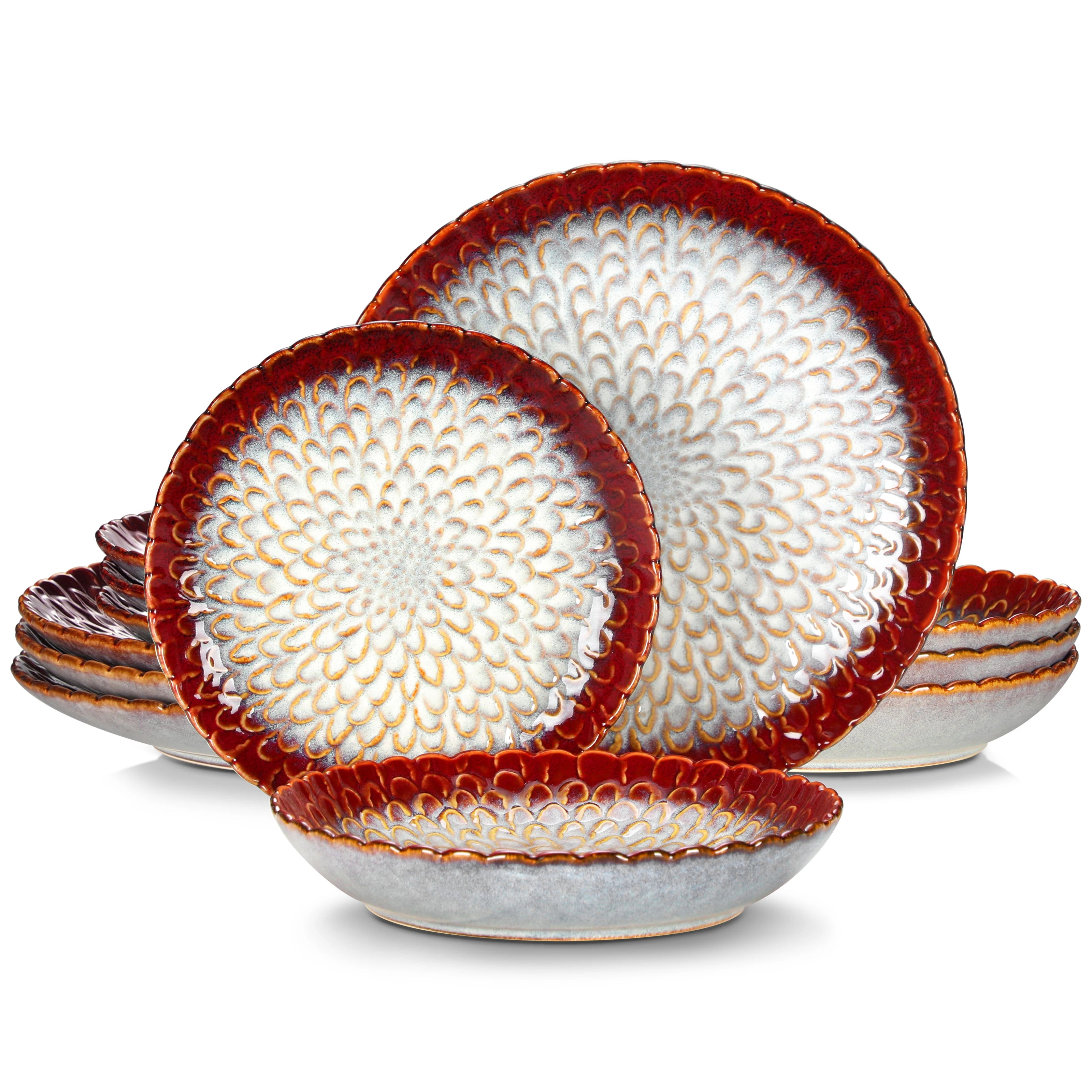 VANCASSO Chrys Grey Dinnerware Ceramic12/24 Piece Stoneware Dinnerware Textured Ceramic Combination Set Service for 6/12 Person