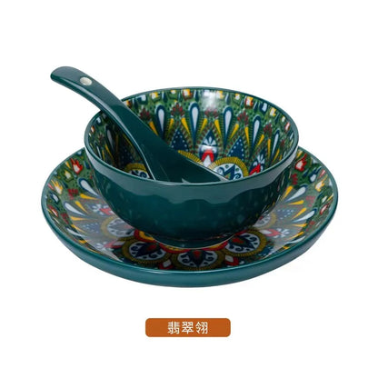 Ceramic Tableware Set Three-Piece Household Rice Bowl Plate Spoon Set Restaurant Hot Pot Barbecue Shop Commercial