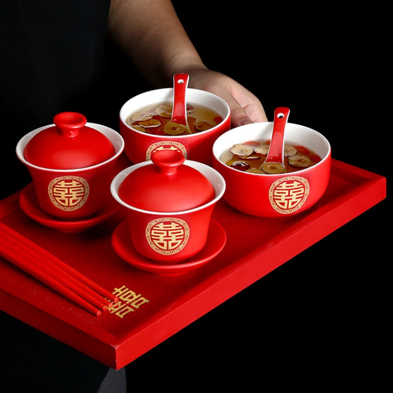 Chinese Wedding Tableware Set Joyful Red Ceramic Bowls Spoons Teacups Chopsticks Tray Wedding Supplies Gifts