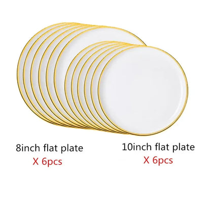 Bright White And Pink With Gold Porcelain Plates Kitchen Dinner Plate Set Ceramics Food Dishes Salad Noodles Bowl