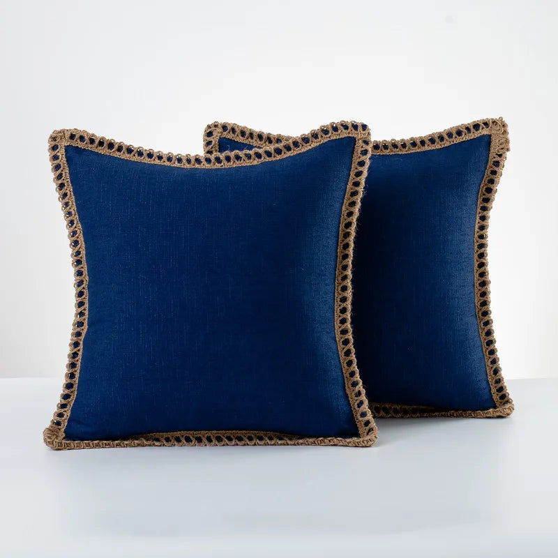 Solid Color Cotton Linen Pillow Cover with Jute Rope Trim Boho Decorative 45x45cm Cushion Pillow Case for Sofa Bed Living Room