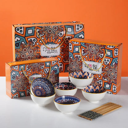Bohemian creative handpainted ceramic tableware company opening gift kitchen supplies companion gift box bowl and chopsticks set