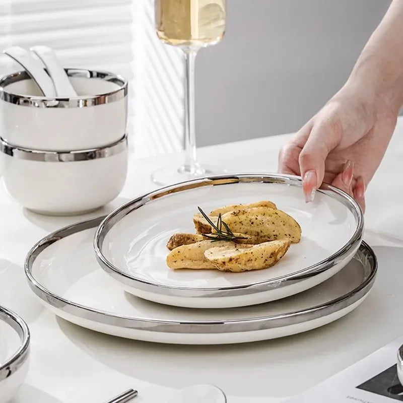 White Ceramic Plates With Silver Steak Serving Plate Bowls Ins Dinner Dish Porcelain Dinnerware Set For Family Hotel