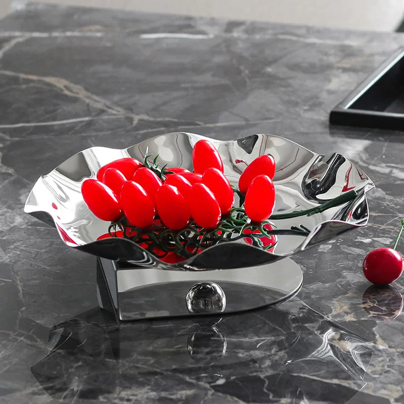 Luxury Mirror Stainless Steel Storage Tray, Circular Fruit Tray, Irregular Wrinkled Art Decoration Tray, Scandinavian Style