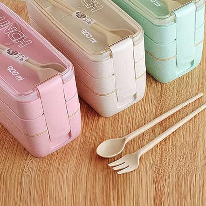 Y51A-Portable Bento Box, 3-Layers Lunch Box, 900ML Wheat Straw Dinnerware Food Storage Container Green Durable 11.2 X 8.2 X 18.5