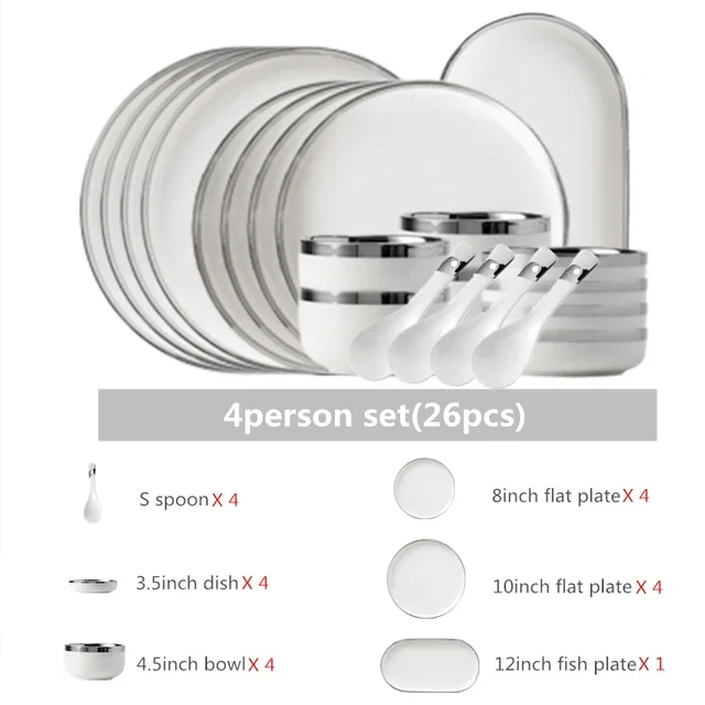 White Ceramic Plates With Silver Steak Serving Plate Bowls Ins Dinner Dish Porcelain Dinnerware Set For Family Hotel