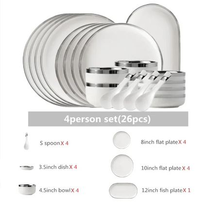 White Ceramic Plates With Silver Steak Serving Plate Bowls Ins Dinner Dish Porcelain Dinnerware Set For Family Hotel