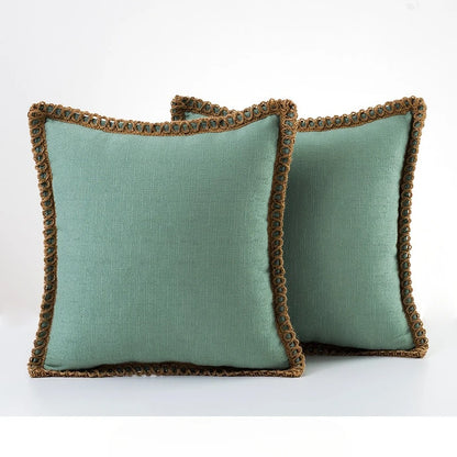 Solid Color Cotton Linen Pillow Cover with Jute Rope Trim Boho Decorative 45x45cm Cushion Pillow Case for Sofa Bed Living Room