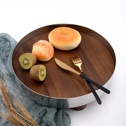 Mirror Stainless Steel Decorative Wooden Tray, Fruit Tray, Rectangular Metal Storage Tray with Handle, Desktop Storage Container