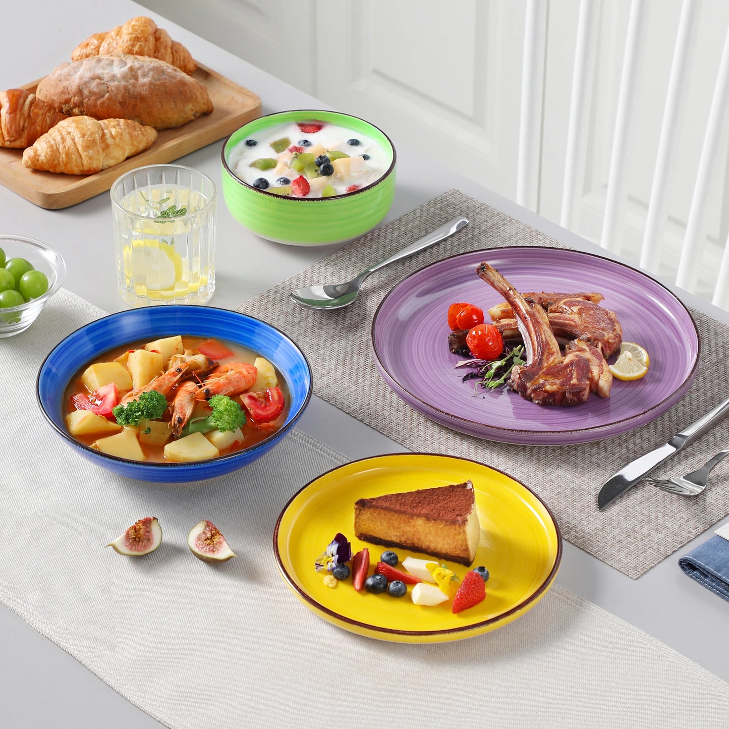 vancasso 12/18/24PCS Ceramic Plate Set Mix-Color Handpainted Spirals Pattern 4/6PCS Dinner Plates/Dessert/Bowl/Soup Plates