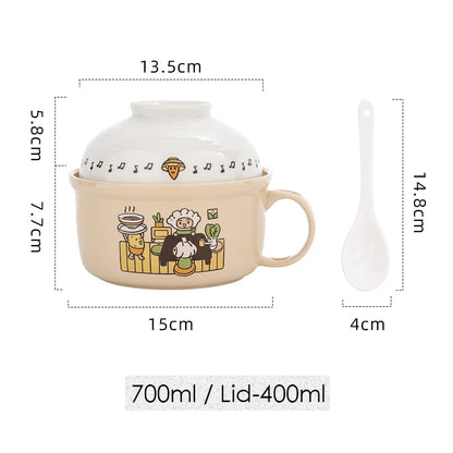 Ceramic Ramen Bowl and Little Rice Bowl Spoon Set, 700ml Instant Noodle Bowl, 400ml Oatmeal Bowl, White Spoon Microwave Safe