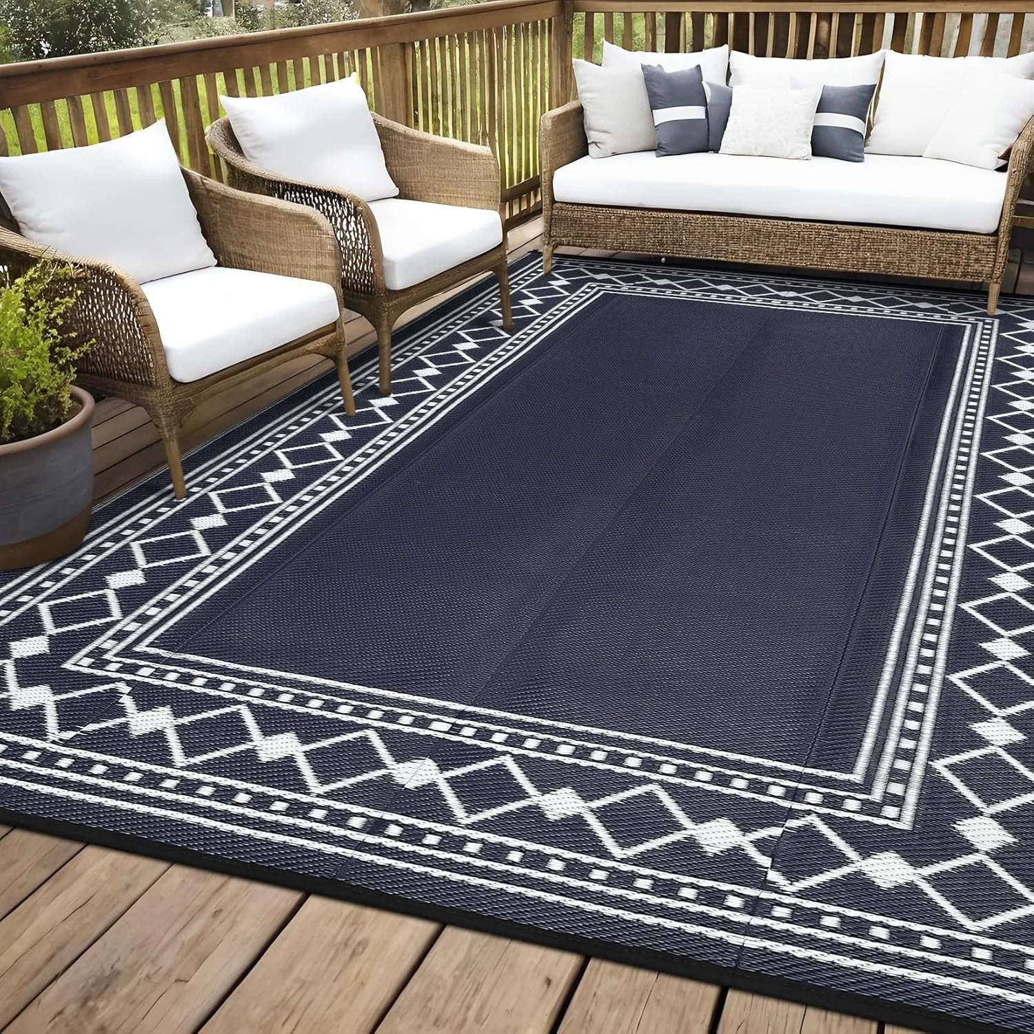 VIKAMA Waterproof Portable Garden Outdoor Rug Double-Sided Outdoor Carpet Camping Caravan Mat Modern Checkered Outdoor Rug