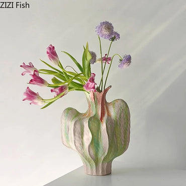 Flower Bud Shape Ceramic Vase Creative Painted Plant Pots Table Decoration Flowers Arrangement Floral Vases Room Aesthetic Decor