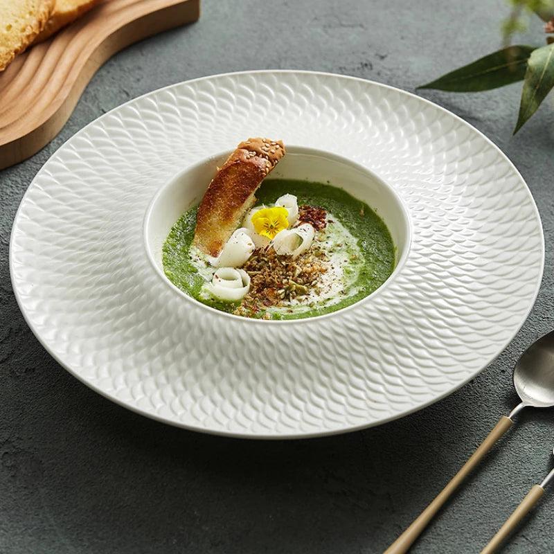 Hotel Embossed Ceramic Plate High Sense of Luxury Western Food Plate Pasta Plate Straw Hat Plate High Value Tableware Soup Plate