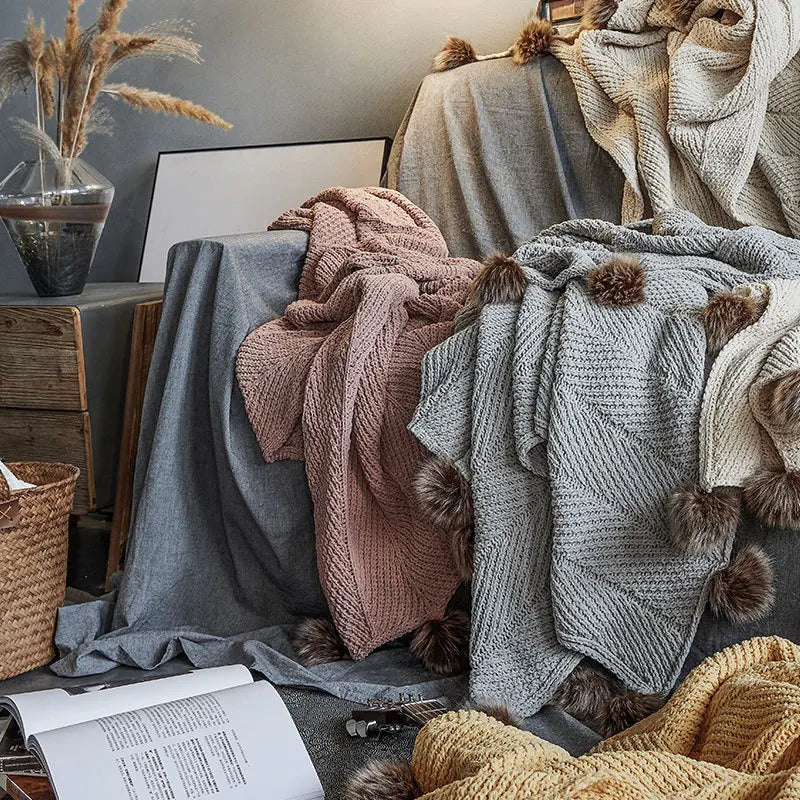 Inyahome-Fur Pom Pom Knitted Throw Blanket, Super Soft Warm Cozy Cable Knitted Nordic Blanket for Sofa and Couch, 51x63 Inch