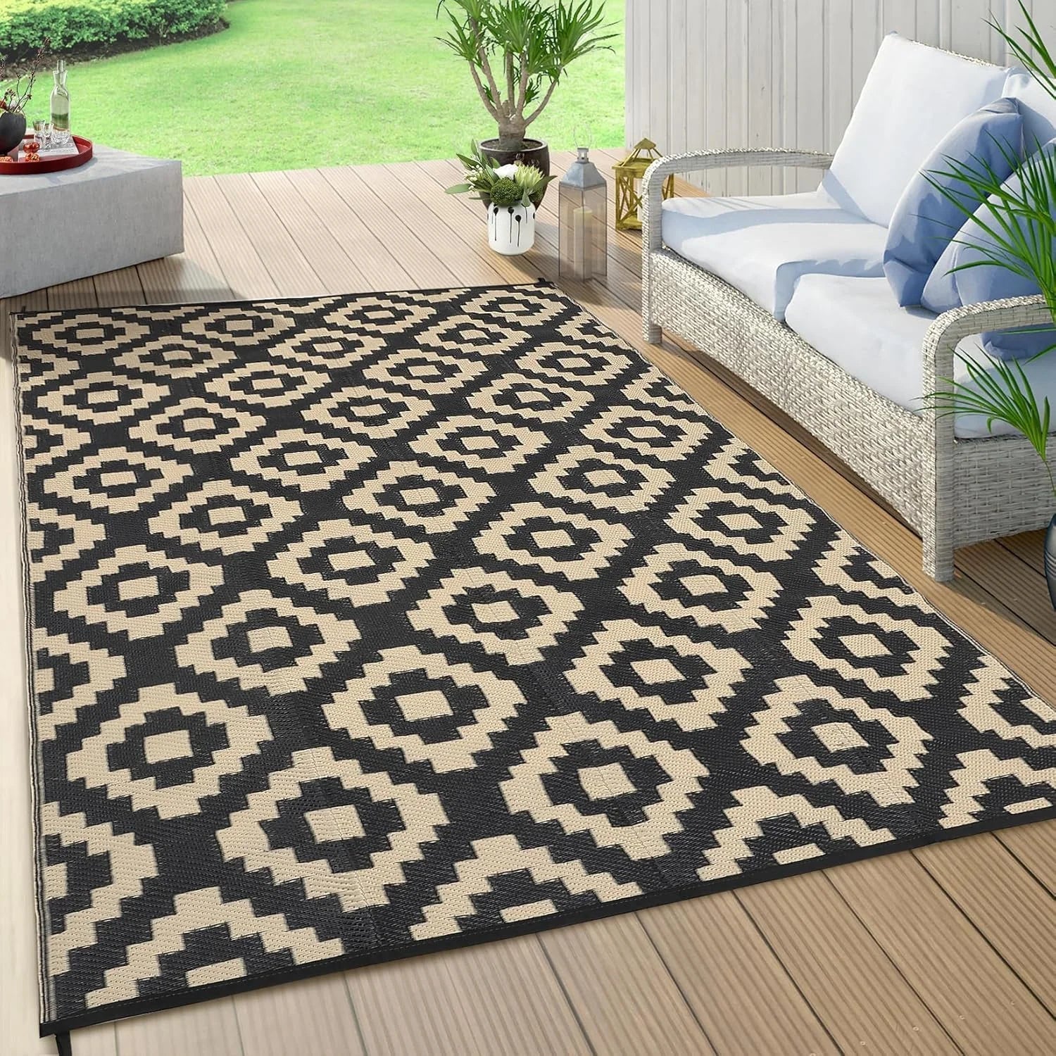 VIKAMA Waterproof Portable Garden Outdoor Rug Double-Sided Outdoor Carpet Camping Caravan Mat Modern Checkered Outdoor Rug