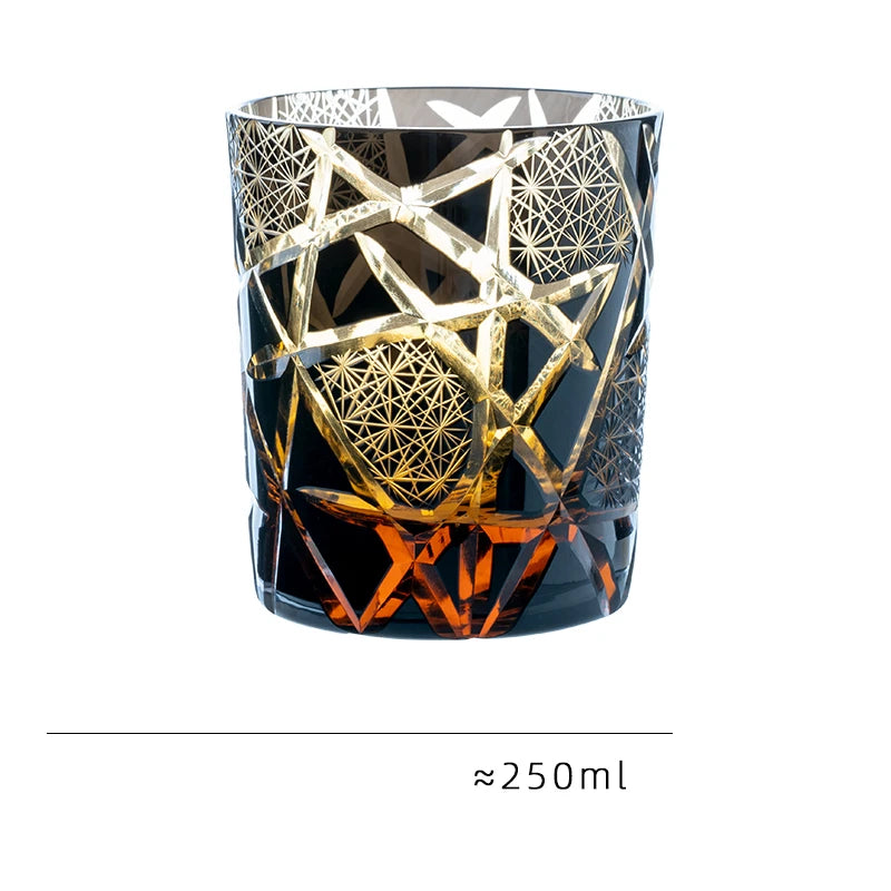Japanese Royal Special Retro Wine Tumbler, Hand Cut, Flashing Lightning Design, Amber Whiskey Glass, High End Gift Box, Edo Kiri