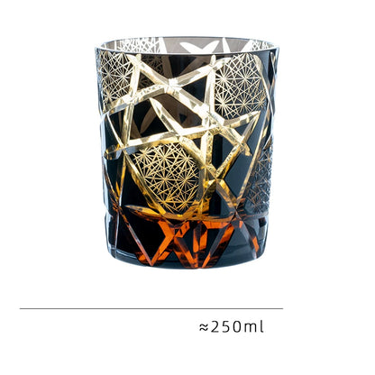 Japanese Royal Special Retro Wine Tumbler, Hand Cut, Flashing Lightning Design, Amber Whiskey Glass, High End Gift Box, Edo Kiri