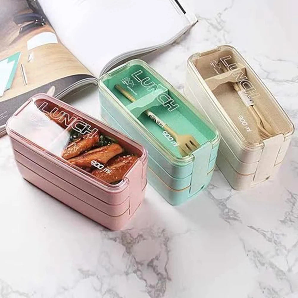 Y51A-Portable Bento Box, 3-Layers Lunch Box, 900ML Wheat Straw Dinnerware Food Storage Container Green Durable 11.2 X 8.2 X 18.5