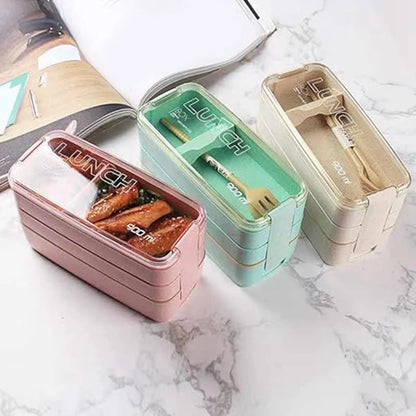 Y51A-Portable Bento Box, 3-Layers Lunch Box, 900ML Wheat Straw Dinnerware Food Storage Container Green Durable 11.2 X 8.2 X 18.5