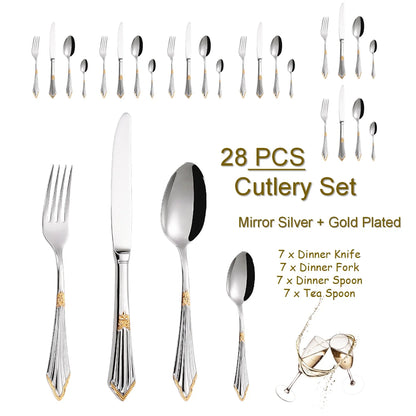 4/8/12/16/20/24/28 PCS Luxury Gold Plated Flatware Set Dishwasher Safe Cutlery Antique Silverware With Hollow Handle Table Knife