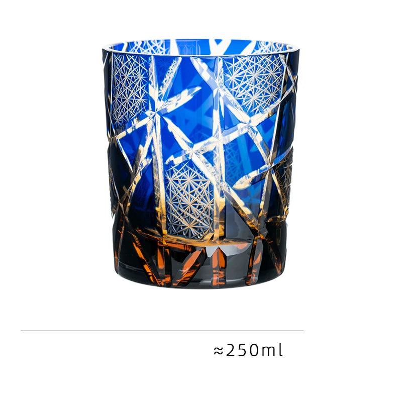Japanese Royal Special Retro Wine Tumbler, Hand Cut, Flashing Lightning Design, Amber Whiskey Glass, High End Gift Box, Edo Kiri