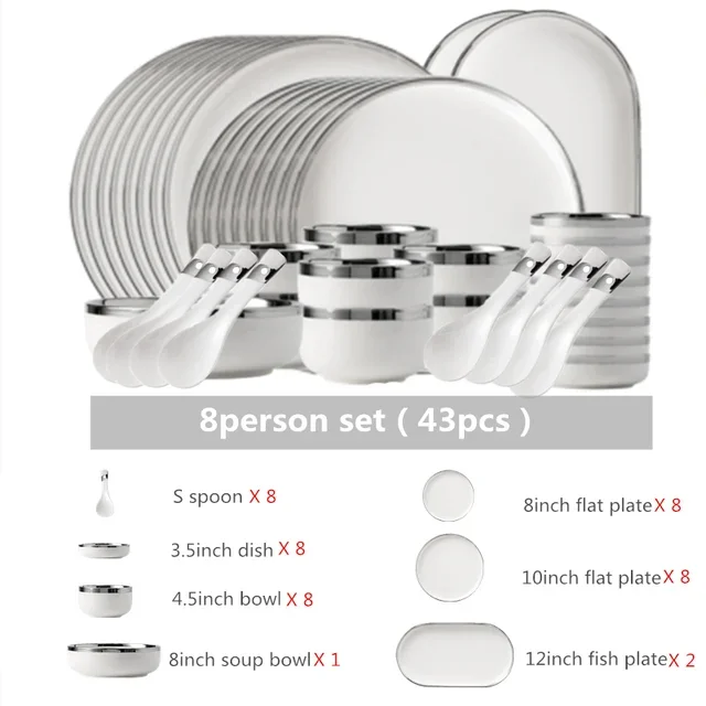 White Ceramic Plates With Silver Steak Serving Plate Bowls Ins Dinner Dish Porcelain Dinnerware Set For Family Hotel
