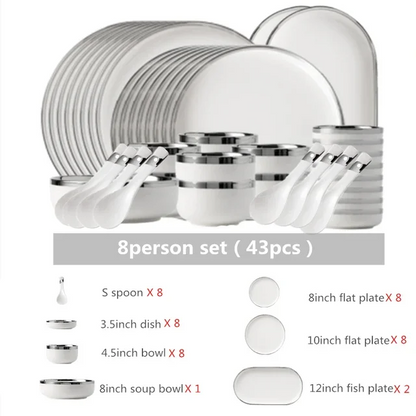 White Ceramic Plates With Silver Steak Serving Plate Bowls Ins Dinner Dish Porcelain Dinnerware Set For Family Hotel