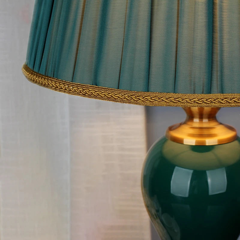 Chinese Style Green Ceramic Table Lamps European Cloth CoverModern Living Room Bedroom Bedside Study E27 Decor Table Lamp EU/AU/