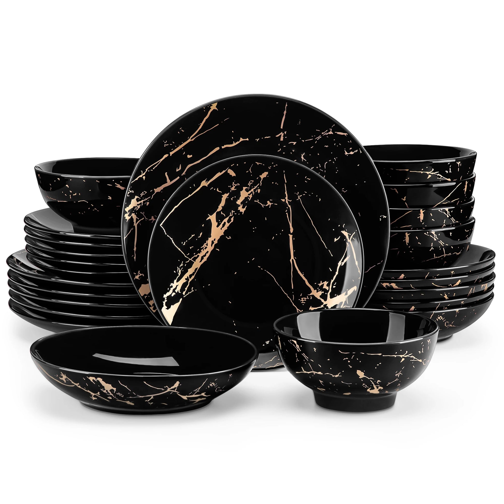 LOVECASA 24 Piece Gold Splash Glaze Dinnerware Sets Porcelain Plates Dinner Set with 6 PCS Dinner Plate/Dessert/Soup Plate/Bowl