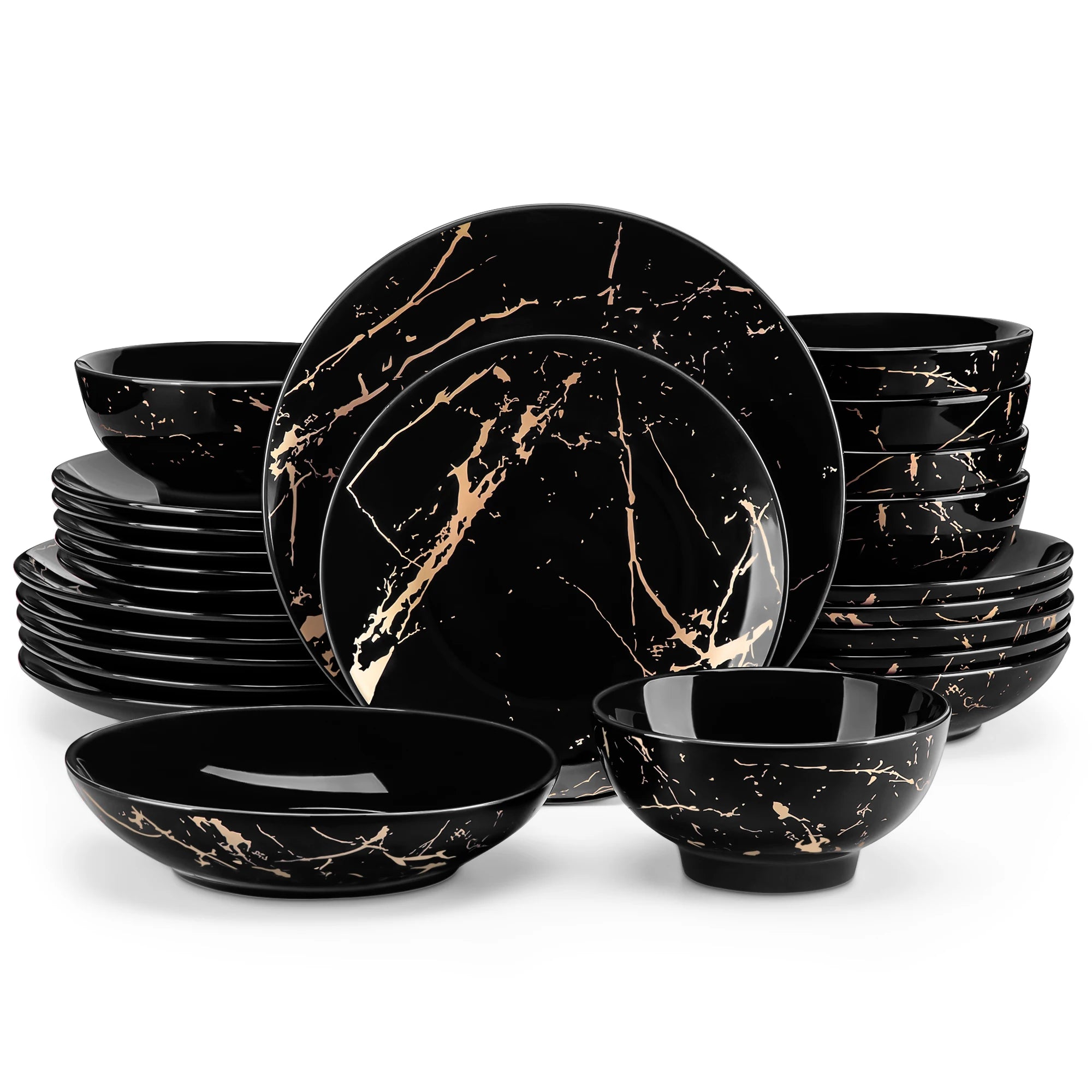 LOVECASA 24 Piece Gold Splash Glaze Dinnerware Sets Porcelain Plates Dinner Set with 6 PCS Dinner Plate/Dessert/Soup Plate/Bowl
