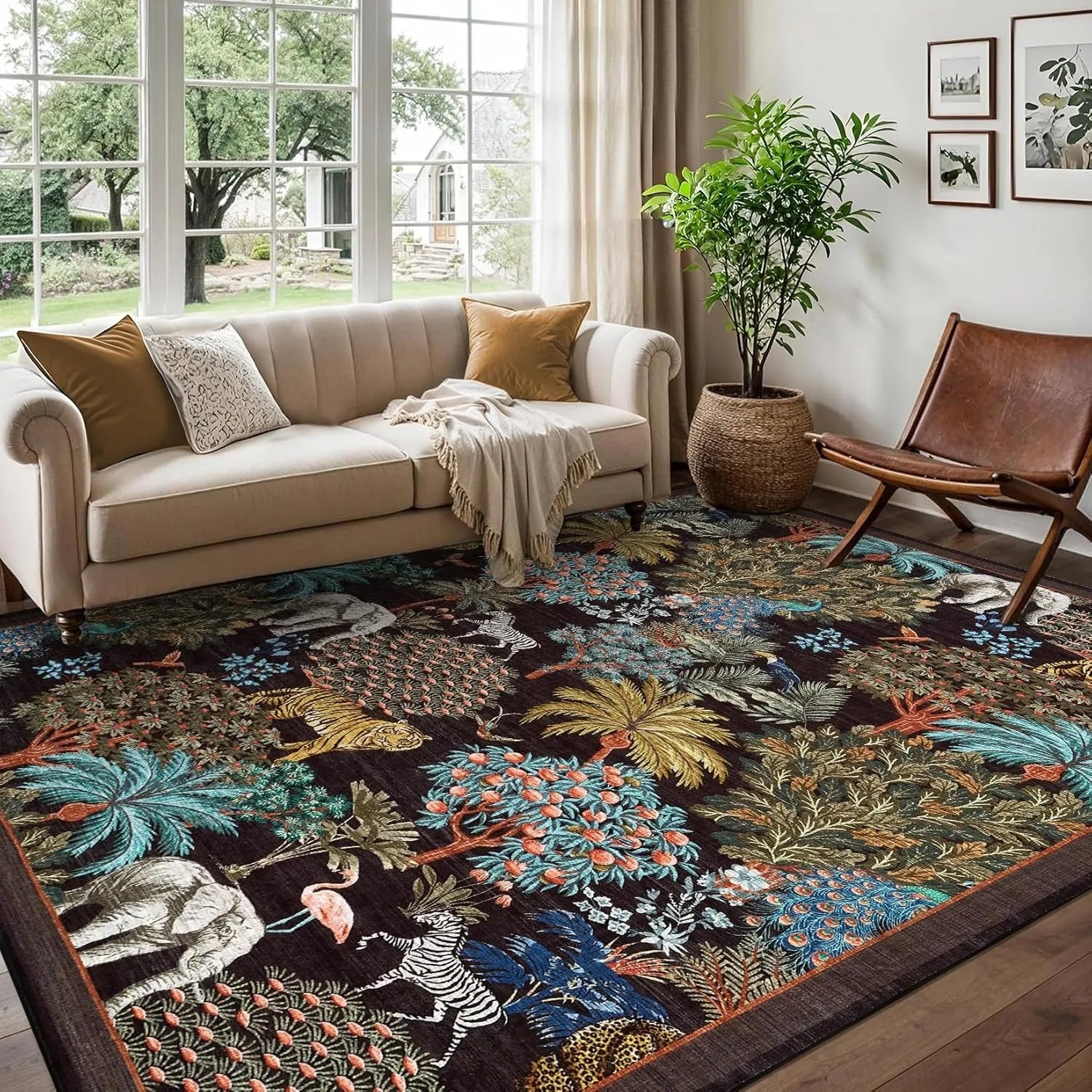 Large Living Room Carpet Soft Machine Washable Bedroom Bedside Rug Jungle Pattern Animal Print Short Velvet Non-slip Floor Mat