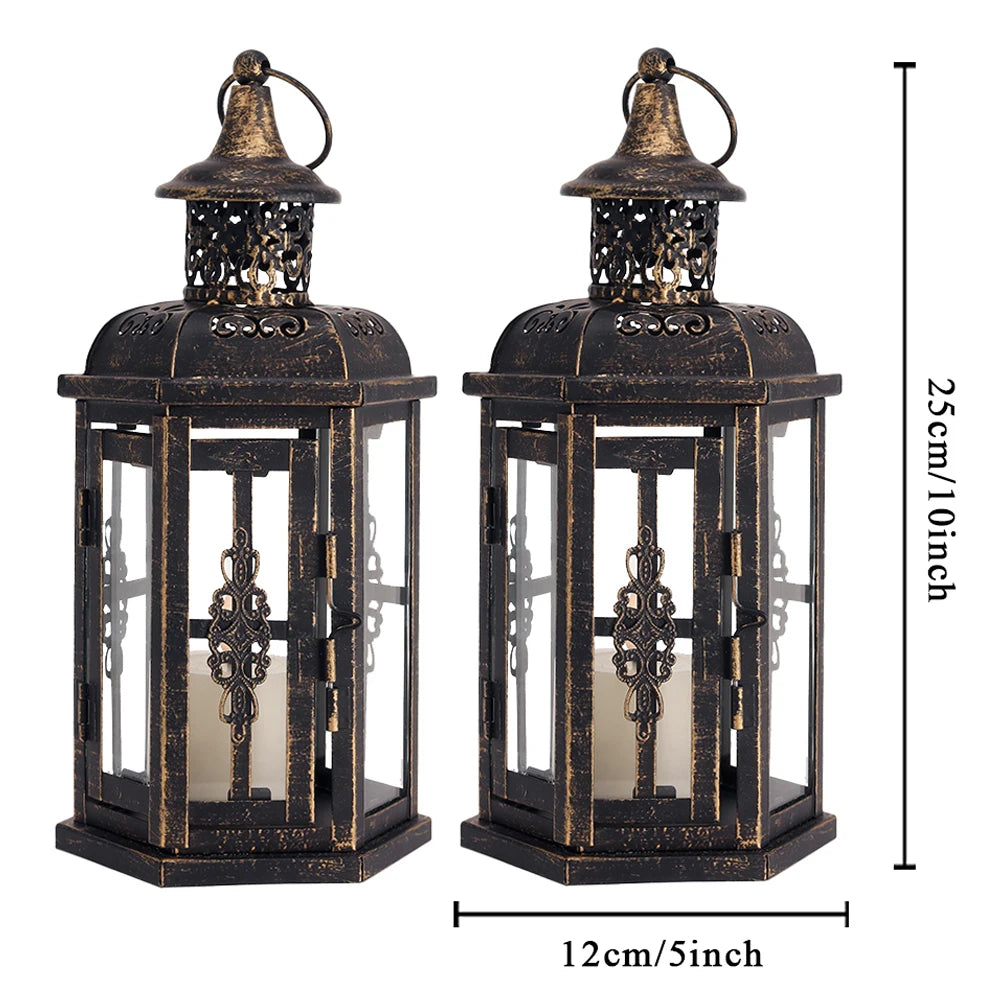 2Pcs Decorative Candle Lanterns Vintage Hanging Lantern Candle Holder Metal Candleholder White with Gold Brush Home Decor