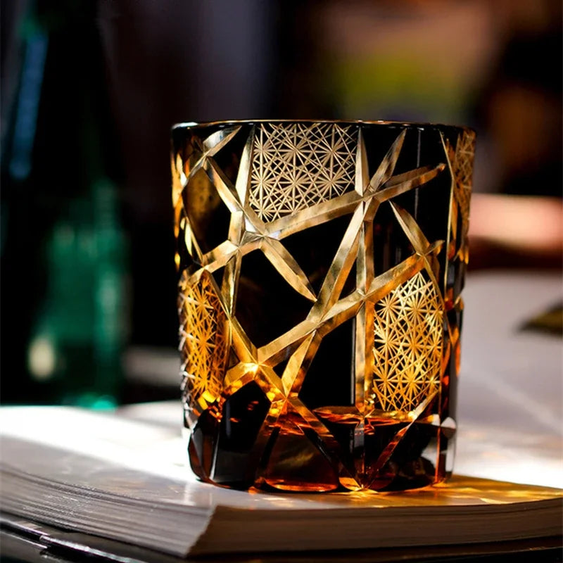 Japanese Royal Special Retro Wine Tumbler, Hand Cut, Flashing Lightning Design, Amber Whiskey Glass, High End Gift Box, Edo Kiri