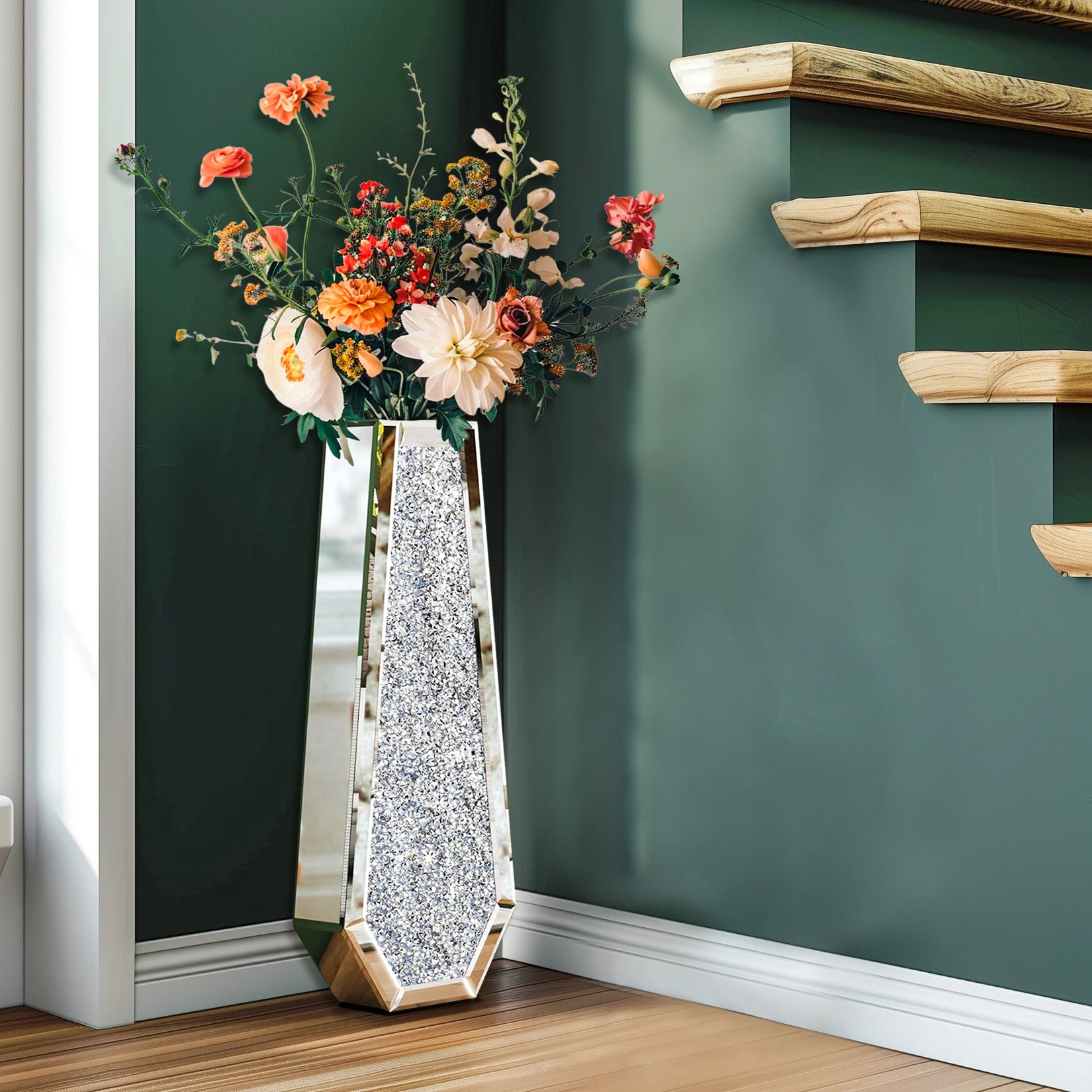 2 Styles Floor Crushed Diamond Mirrored Vase Crystal Silver Glass Decorative Mirror for Holding Pampas Grass Plant, Dried Flower