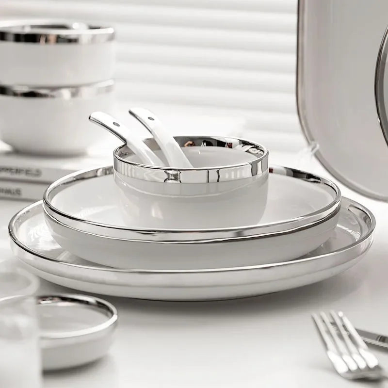 White Ceramic Plates With Silver Steak Serving Plate Bowls Ins Dinner Dish Porcelain Dinnerware Set For Family Hotel