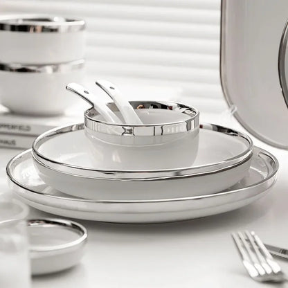 White Ceramic Plates With Silver Steak Serving Plate Bowls Ins Dinner Dish Porcelain Dinnerware Set For Family Hotel