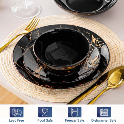 LOVECASA 24 Piece Gold Splash Glaze Dinnerware Sets Porcelain Plates Dinner Set with 6 PCS Dinner Plate/Dessert/Soup Plate/Bowl