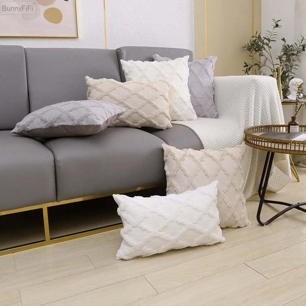 Beige Grey White Solid Cushion Cover Fluffy Embroidery Diamond Soft Home Decoration Pillow Cover Living Room 30x50cm 45x45cm