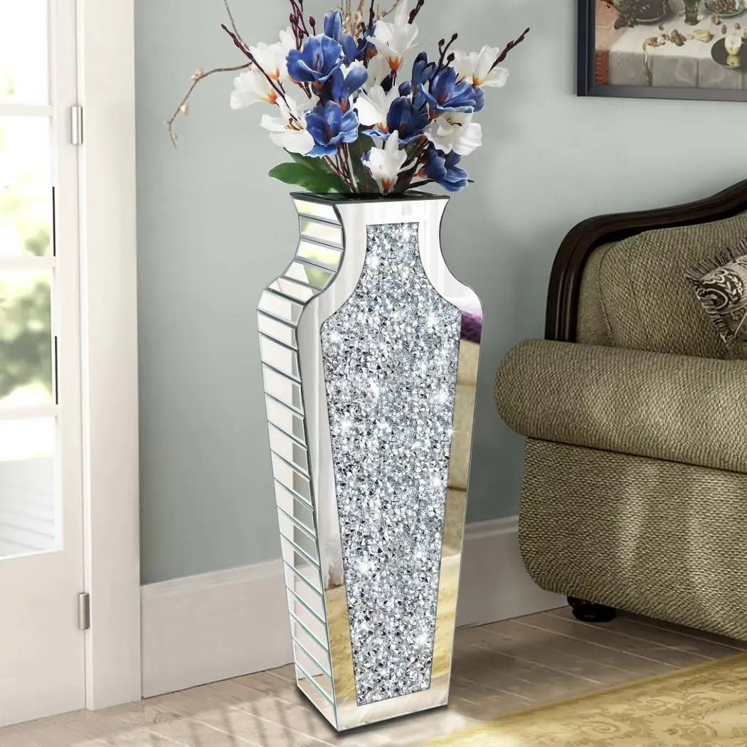 2 Styles Floor Crushed Diamond Mirrored Vase Crystal Silver Glass Decorative Mirror for Holding Pampas Grass Plant, Dried Flower