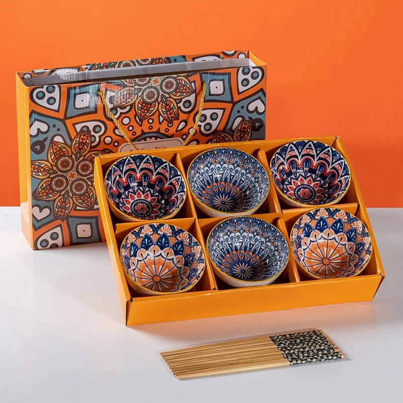 Bohemian creative handpainted ceramic tableware company opening gift kitchen supplies companion gift box bowl and chopsticks set