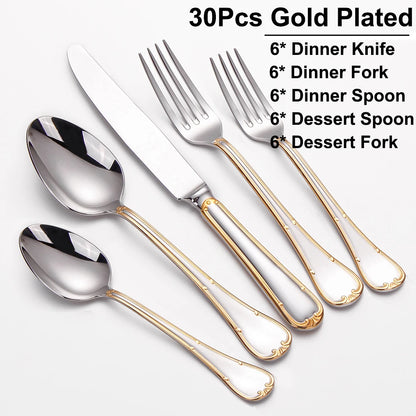 24/30 Pieces Gold Cutlery Set Complete Stainless Steel Tableaware Mirror Dinner Set Sliveware Knife Fork Spoon Kitchen Untensils