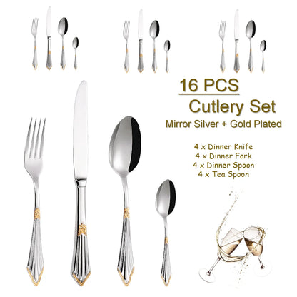 4/8/12/16/20/24/28 PCS Luxury Gold Plated Flatware Set Dishwasher Safe Cutlery Antique Silverware With Hollow Handle Table Knife