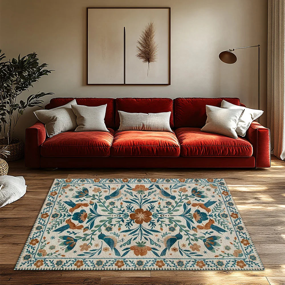 Cream Blue Green Floral Bohemian Rug, Orange Accent Non-Slip Living Room Carpet, Soft Vintage Style Home Decor Mat