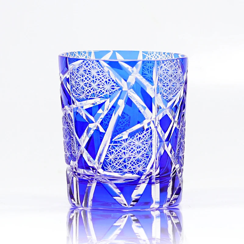 Japanese Royal Special Retro Wine Tumbler, Hand Cut, Flashing Lightning Design, Amber Whiskey Glass, High End Gift Box, Edo Kiri