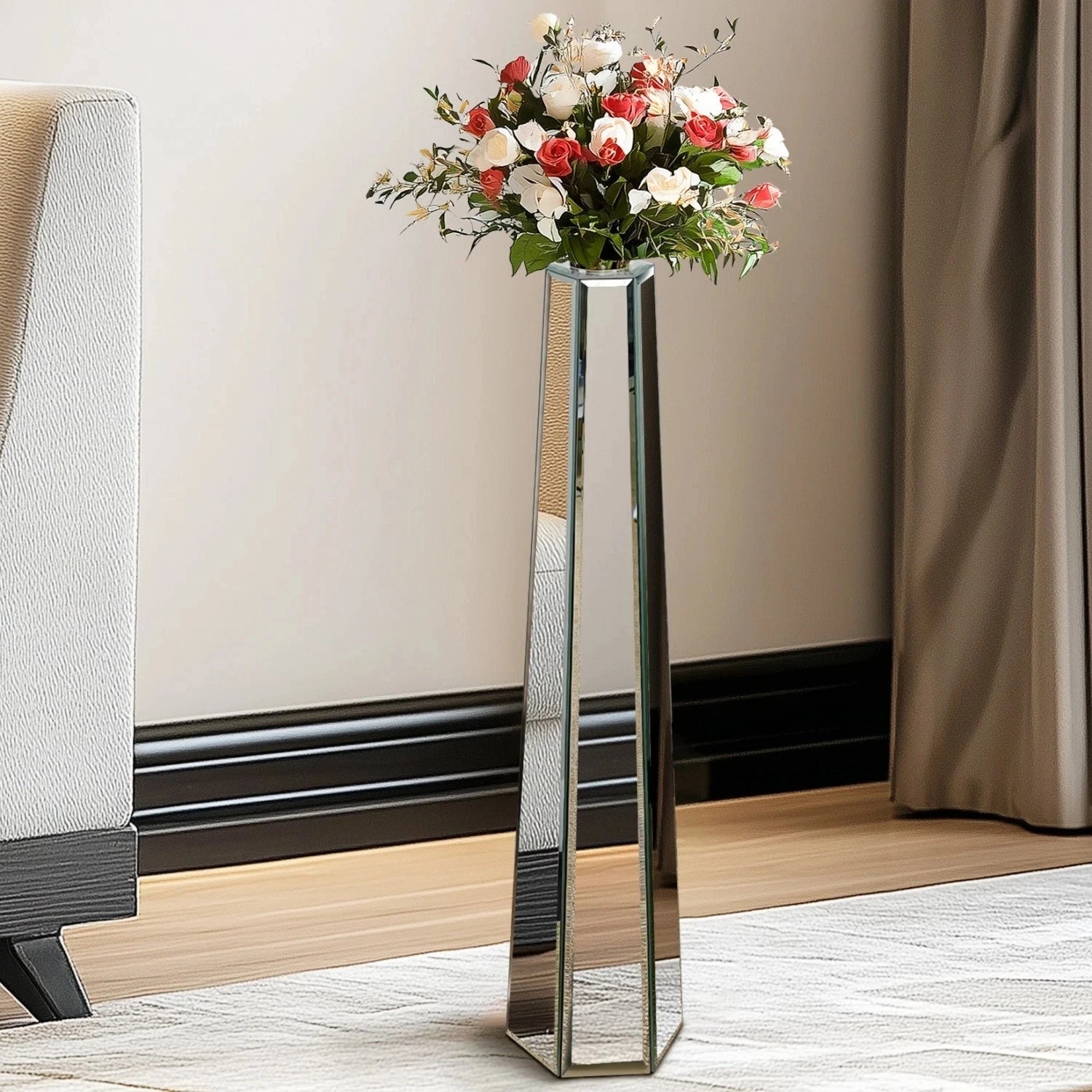 30" Tall Mirrored Floor Vase, Silver Big Vases for Decor Living Room, Home Decorative Vases for Dried Flower